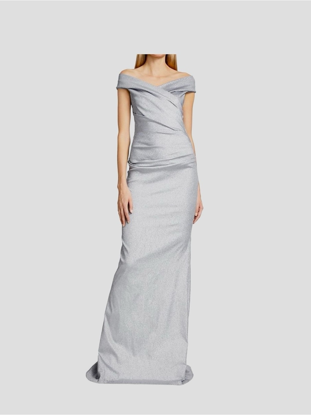 Teri Jon By Ricki Freeman Off Shoulder Column Metallic Gown in Platinum NWT